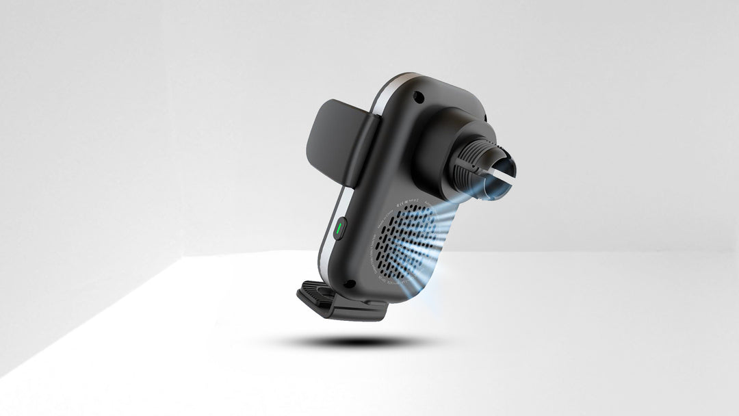 Car phone holder with wireless charging capability floating against a white background.