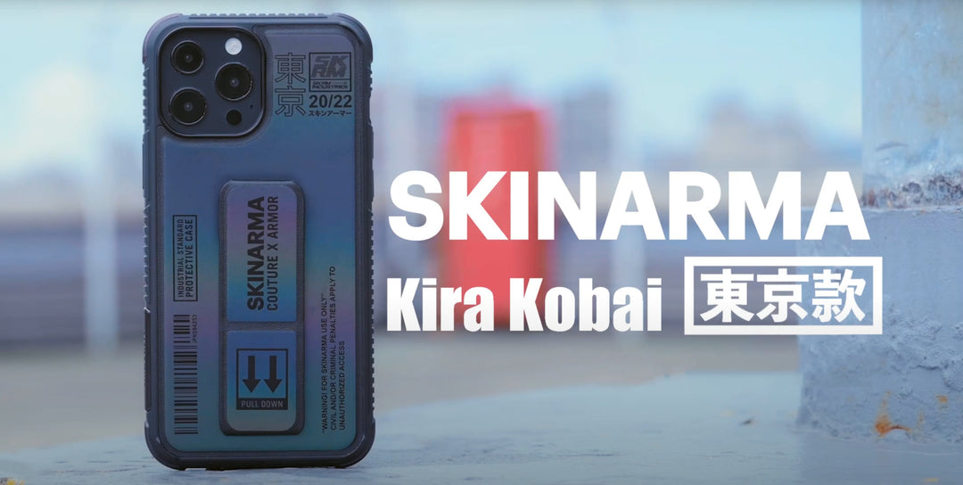 skinarma iphone 14 case in iridescent with built in kickstand cyberpunk style