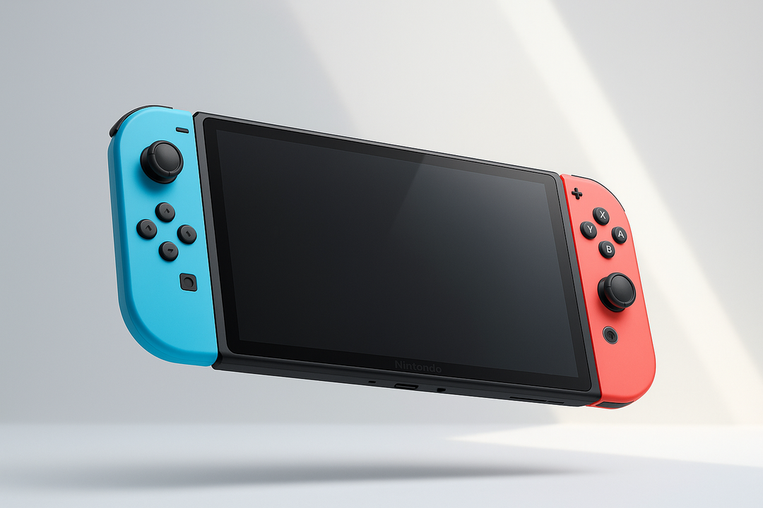 A Nintendo Switch console floats against a neutral background, featuring a black screen with a blue Joy-Con controller on the left and a red Joy-Con controller on the right. Light casts diagonal shadows.