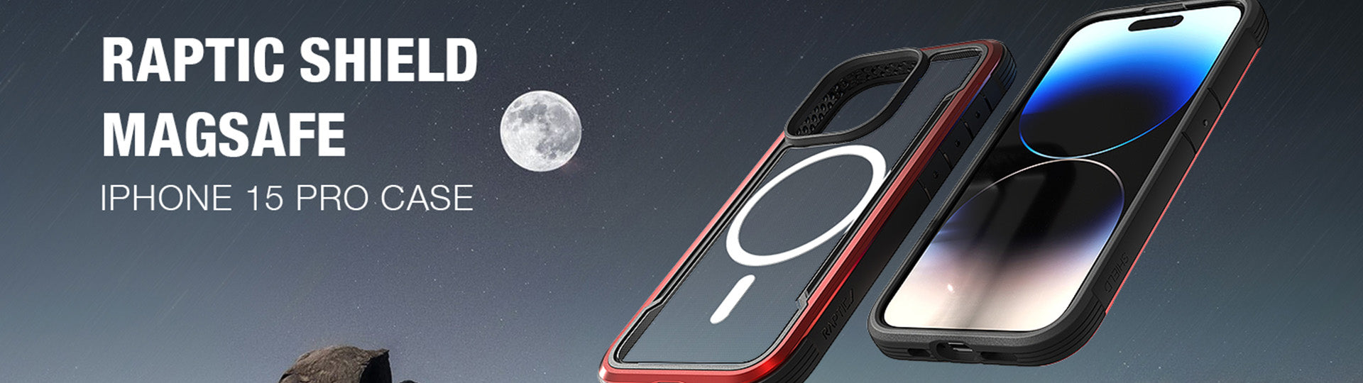 Protective magsafe case for iphone 15 pro featured in a space-themed advertisement.