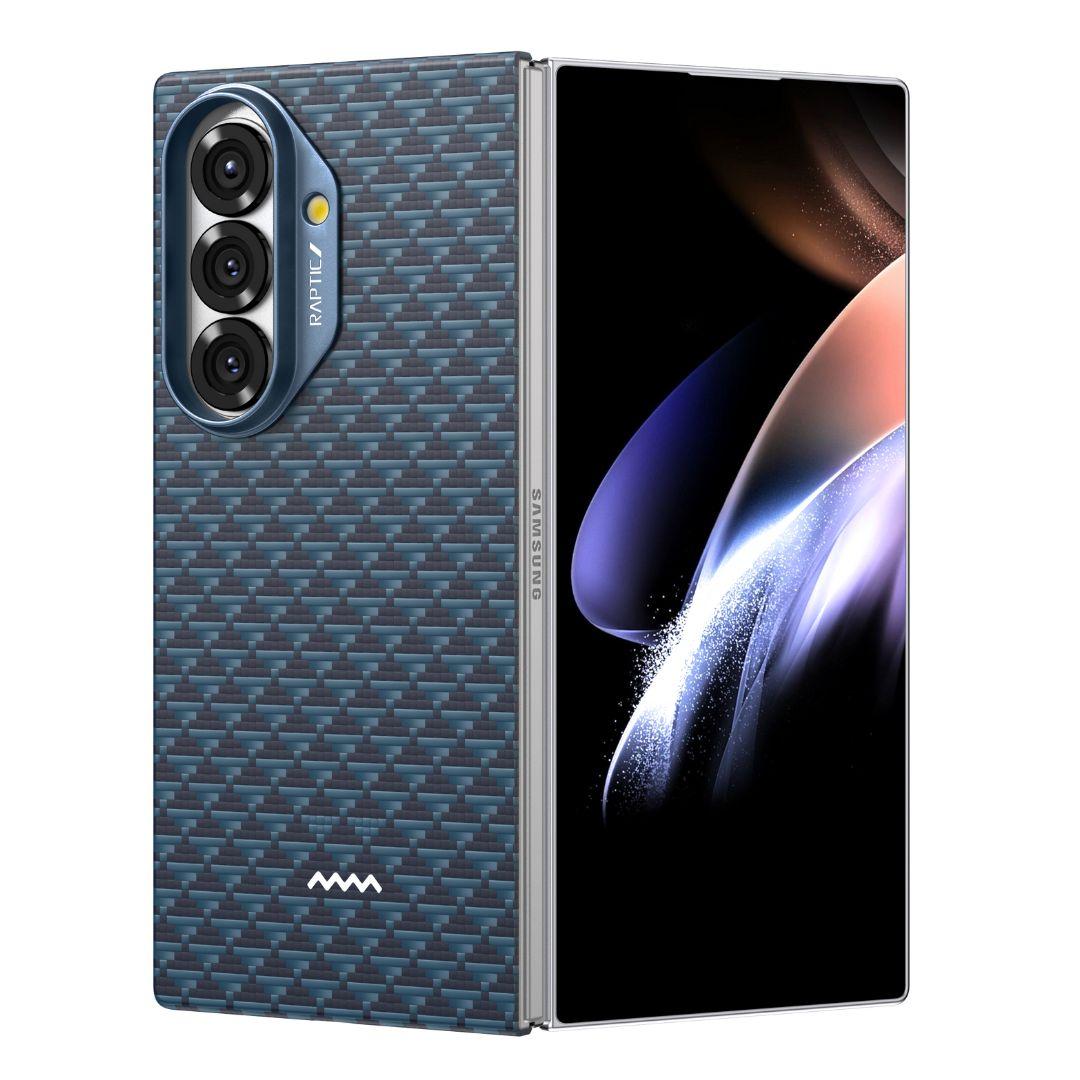 A Samsung Galaxy Fold 7 is shown partially open in a RAPTIC Profound Navy Skin Case. The case has a textured blue back, vertical triple camera module, “MW” logo, and displays an abstract colorful wallpaper on the curved front.