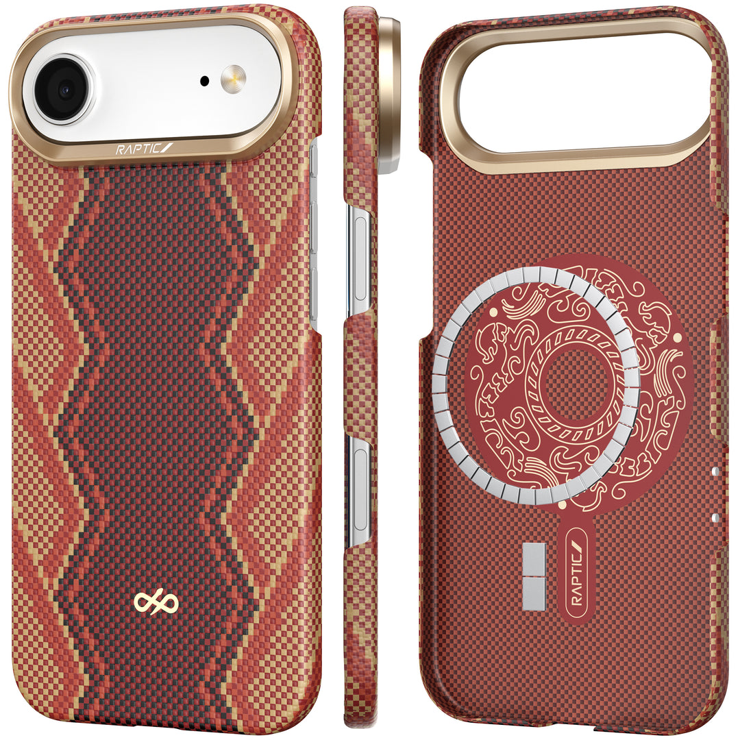 Two ultra-slim Raptic iPhone 17 Aramid Fibre Cases with red and brown geometric woven patterns, gold accents, camera cutout, circular dragon design, “RAPII” branding, and two small silver rectangles near the bottom.