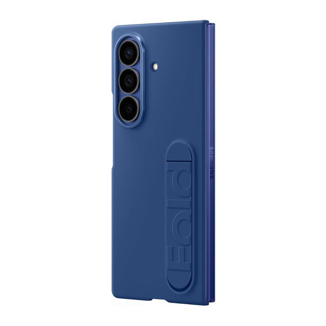 A blue Samsung Galaxy Fold 7 is shown upright in a Samsung Galaxy Fold 7 Silicone Case, which features a slim, lightweight design with "Fold" embossed vertically and openings for three camera lenses and a flash on the top left.