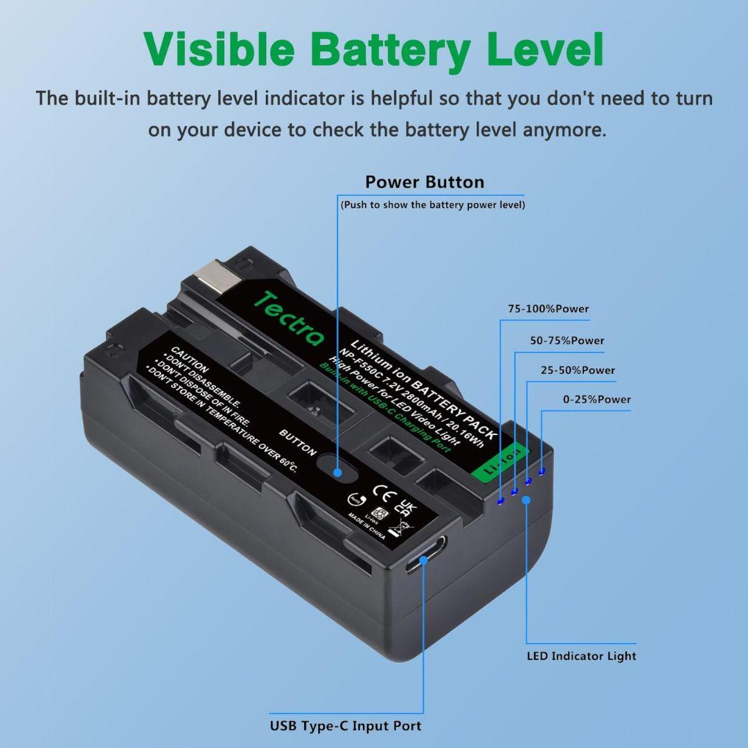 A black MobileTechnica Tectra 2800mAh rechargeable battery for Sony NP-F550/F570/F970 rests on a light blue background, with labels pointing to its power button, USB-C port, LED indicators, and instructional text above. Sold as a 2-pack.