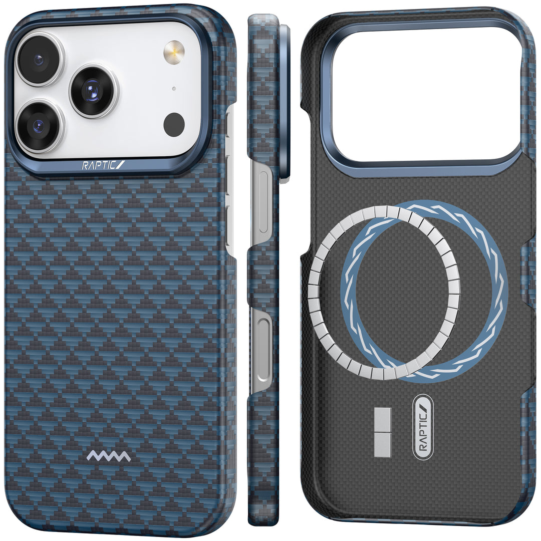Two views of the Raptic Skin-Origin iPhone 17 Aramid Fibre Case: left side shows three camera lenses and Raptic branding, right side reveals MagSafe rings and logos inside this ultra-slim, blue carbon fiber-patterned case.