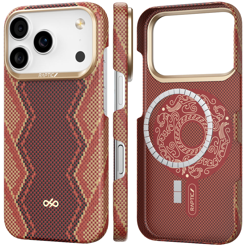 Two views of the Raptic Skin-Origin Aramid Fibre Case for iPhone 17: the back features three camera cutouts, gold accents, and a red-brown zigzag pattern; the interior shows a detailed white MagSafe-compatible graphic with Raptic branding.