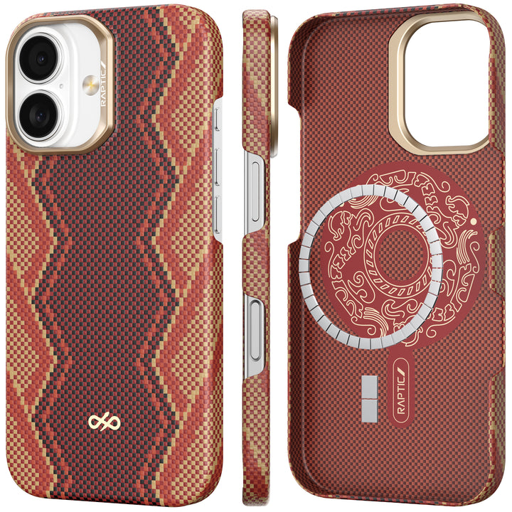 The image displays three views of the Raptic Skin-Origin iPhone 17 Aramid Fibre Case, featuring a geometric snake-skin pattern in brown, red, and tan, gold camera trim, branded interior details, MagSafe compatibility, and an ultra-slim design.
