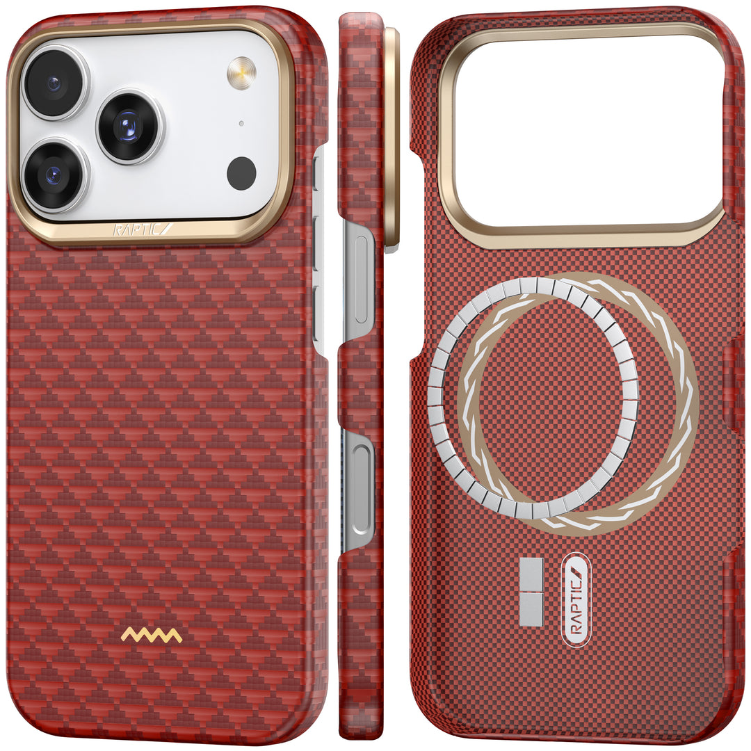 The Raptic Skin-Origin iPhone 17 Aramid Fibre Case features a red carbon fiber pattern, gold accents, and ultra-slim protection. MagSafe compatible, it's shown from the back and side to highlight the camera opening, ring, and button covers.