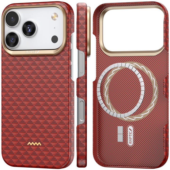 The Raptic Skin-Origin iPhone 17 Aramid Fibre Case features a red carbon fiber pattern, gold accents, and ultra-slim protection. MagSafe compatible, it's shown from the back and side to highlight the camera opening, ring, and button covers.
