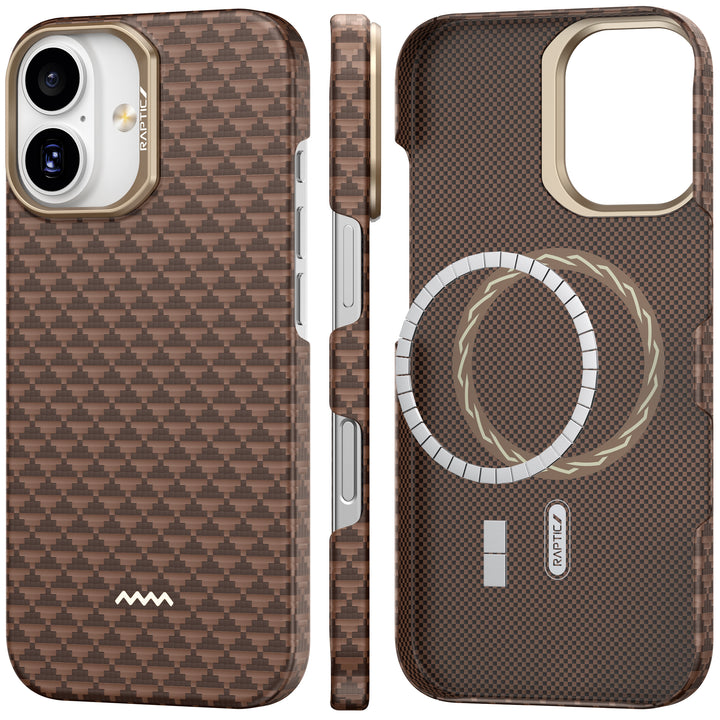 Two angles of the Raptic iPhone 17 Aramid Fibre Case – Skin-Origin show MagSafe rings inside. The left view highlights camera and button cutouts; the right reveals a MagSafe compatible interior with ultra-slim military-grade protection.