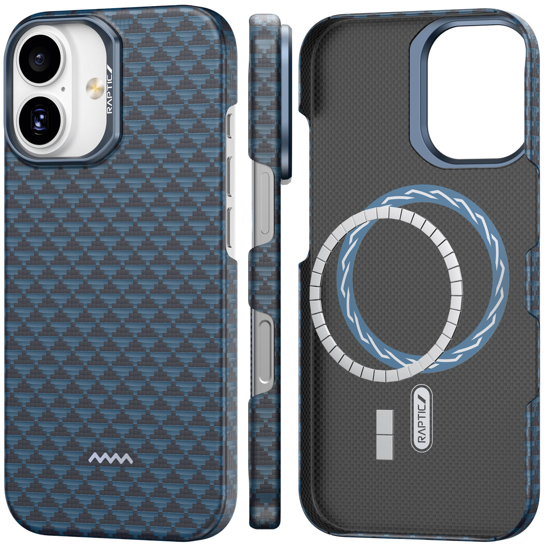 Two views of the Raptic iPhone 17 Aramid Fibre Case - Raptic Skin-Origin: left shows the blue checkered, ultra-slim case with black accents on a phone; right displays light blue MagSafe rings and RAPTEC branding inside.