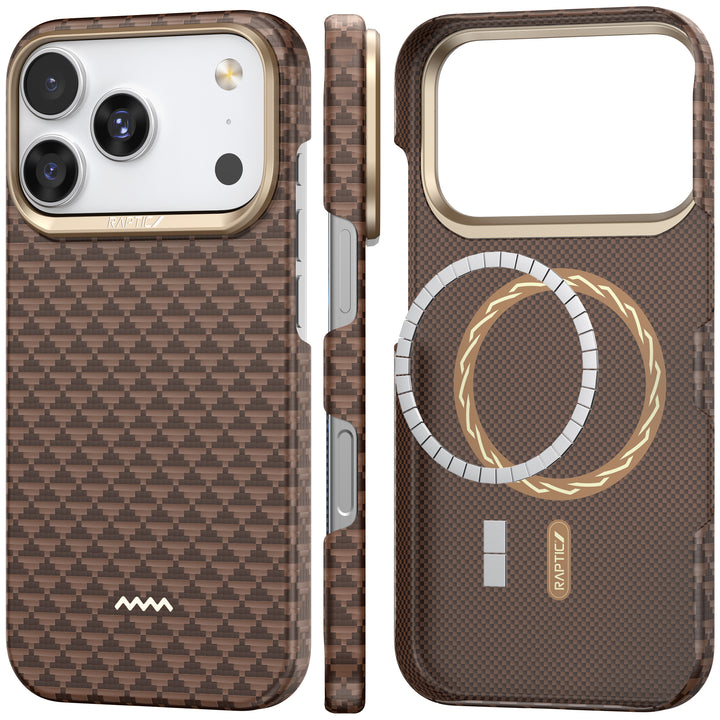 Two angles of the Raptic iPhone 17 Aramid Fibre Case - Skin-Origin in brown carbon fiber with gold accents: one highlights the triple camera cutout, the other shows MagSafe magnets and “RAPTIT” branding inside.