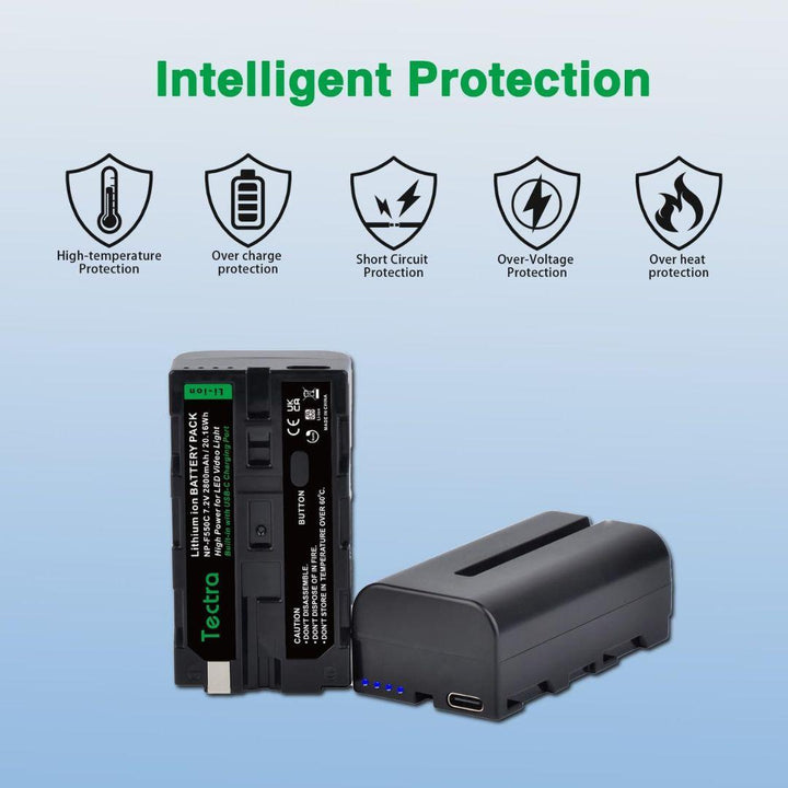 Two MobileTechnica Tectra 2800mAh NP-F batteries and a charger are shown on a blue background. Five shield icons highlight protections for the rechargeable batteries, with "Intelligent Protection" and USB-C charging support above.