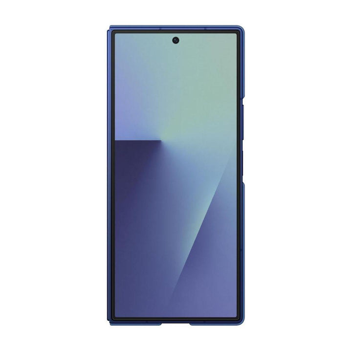 The Samsung Galaxy Fold 7 is shown with a centered front camera cutout, abstract blue-green wallpaper, blue frame, and no visible buttons. It is protected by the slim, lightweight Galaxy Fold 7 Silicone Case from Samsung with a soft-touch finish.