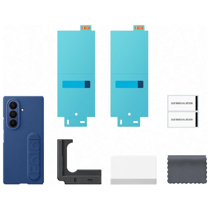 The image displays the Samsung Galaxy Fold 7 Silicone Case kit, featuring a slim soft-touch case, two blue screen protectors, an installation tool, cleaning cloth, white squeegee, and dust removal stickers.