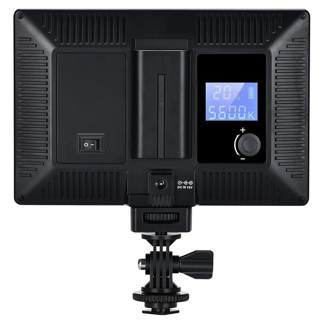 A black rectangular LED panel light viewed from the back displays "20%" and "5600K," has a control dial, power switch, mounting bracket, and supports MobileTechnica Tectra 2800mAh Battery for Sony NP-F550/F570/F970 (2-pack).