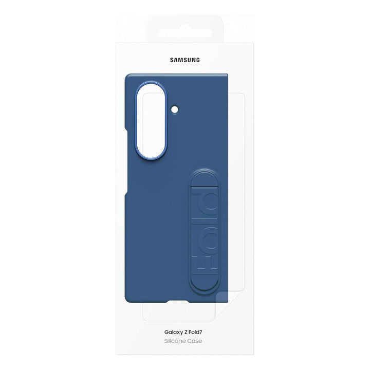 The Samsung Galaxy Fold 7 Silicone Case is shown in blue with a soft-touch finish and elongated camera cutout. Packaged in white retail box featuring Samsung branding, it offers slim, lightweight protection with raised “Fold” text on the case.