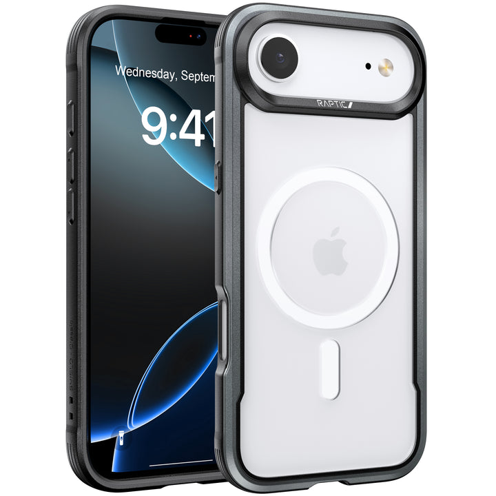 Two iPhone 17 Raptic Shield Glass Bundle Packs are shown: one displays the front screen at 9:41 with a blue abstract wallpaper, and the other reveals a black and white Raptic Military-Grade MagSafe Case with rugged camera protection.