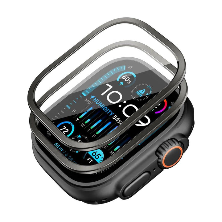 The ESR Amorite Screen Protector for Apple Watch Ultra 2/1 Black includes two transparent tempered glass protectors offering edge-to-edge coverage. Shown on a smartwatch with a colorful display and an orange-trimmed side button.