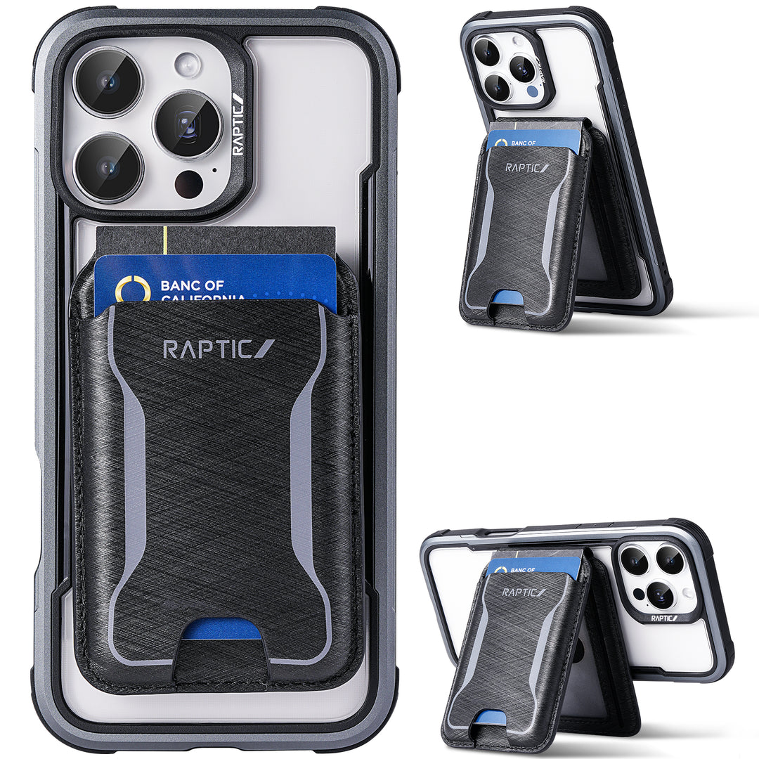 A Raptic Air Wallet case for iPhone 17 holds a Magnetic Wallet attachment with a blue credit card. Three angled views showcase its protective edges, triple camera cutout, and the curved, textured surface of the Raptic wallet accessory.