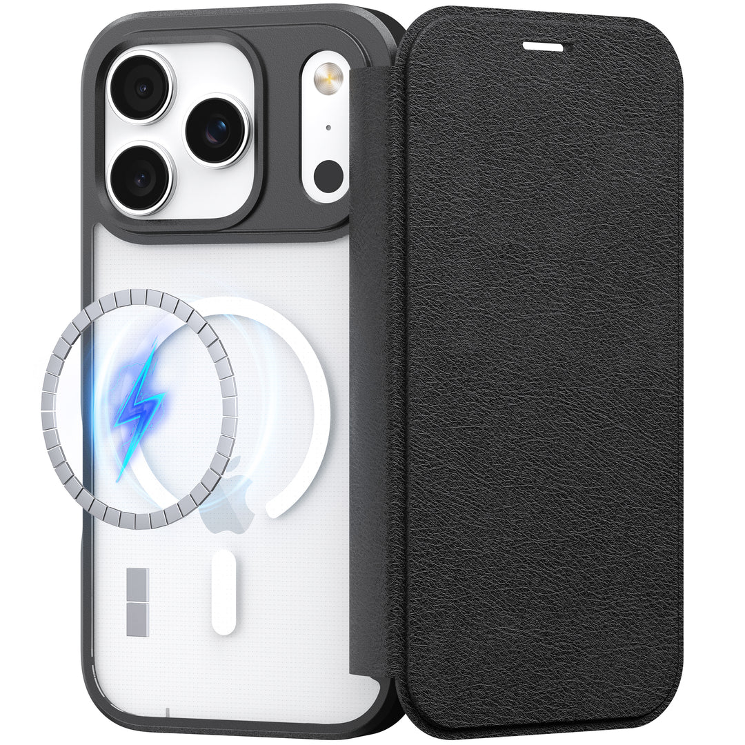 The MobileTechnica iPhone 17 Folio Wallet Case - Raptic Air Folio features a black leather cover with magnetic buckle, displaying a smartphone’s triple-lens camera, MagSafe icon, wireless charging symbol, and semi-transparent back showing internal parts.