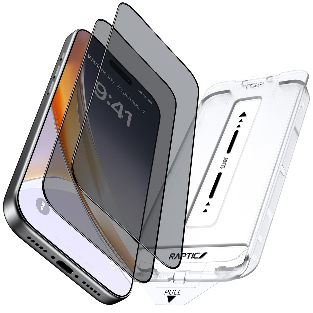 Exploded view of a smartphone with Raptic Air Glass iPhone 17 Privacy Glass Protectors (2 pack) and a transparent case, showing each labeled layer—phone, tempered glass protector, and clear case—with arrows for easy assembly.