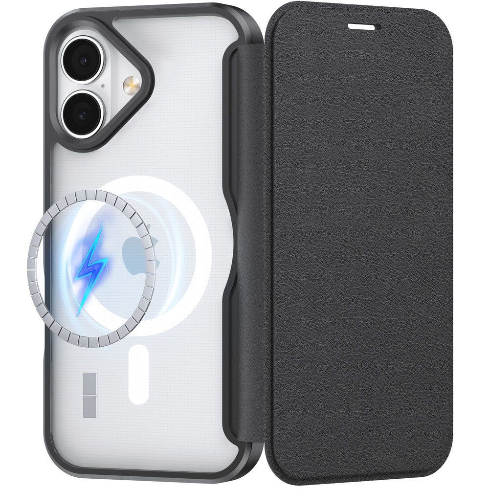 The MobileTechnica iPhone 17 Folio Wallet Case - Raptic Air Folio features a black case with a clear back revealing MagSafe magnet rings, two rear cameras, a blue lightning symbol for wireless charging, and an open front flap with magnetic buckle.