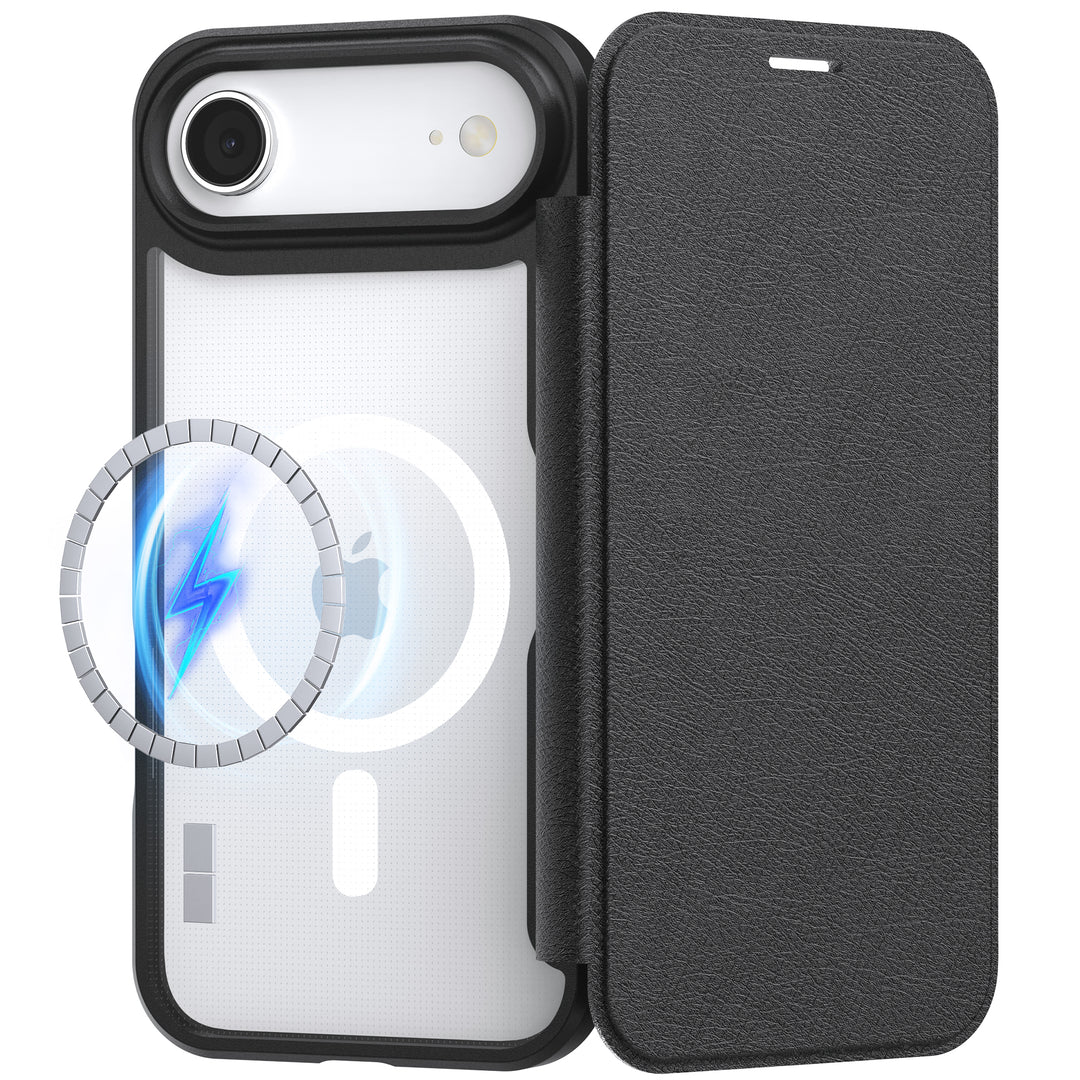 The Raptic Air Folio iPhone 17 wallet case features a black synthetic leather cover with a magnetic buckle, a clear back displaying the Apple logo and MagSafe ring, and a blue lightning symbol indicating wireless charging compatibility.