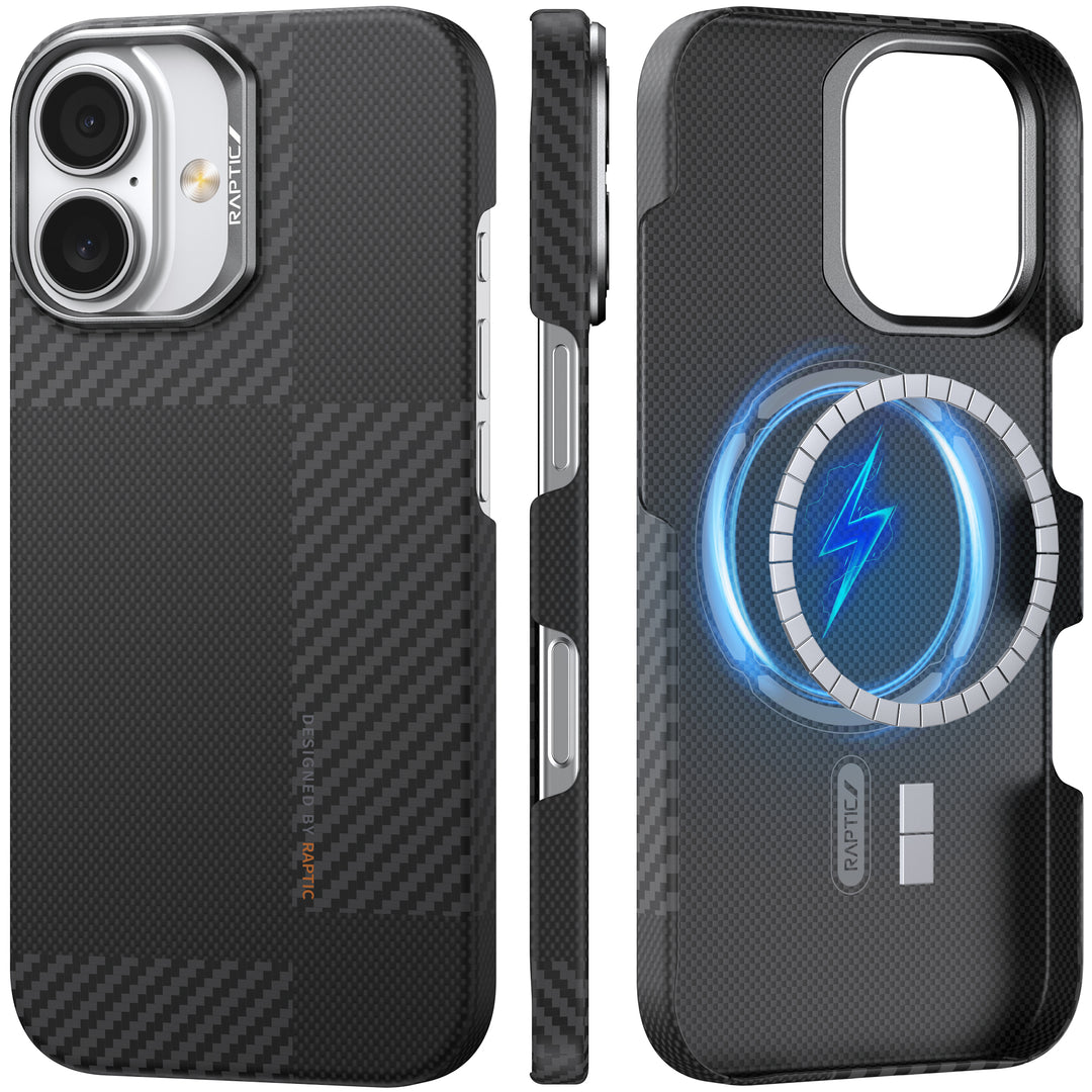 Three views of the Raptic Geotik iPhone 17 Aramid Fibre Case: back, side, and inner. The back has a subtle plaid pattern with a camera cutout; the inner shows a blue lightning symbol indicating MagSafe compatibility.