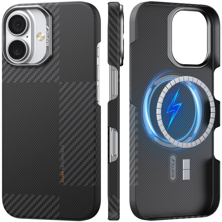 Three views of the Raptic Geotik iPhone 17 Aramid Fibre Case: back, side, and inner. The back has a subtle plaid pattern with a camera cutout; the inner shows a blue lightning symbol indicating MagSafe compatibility.