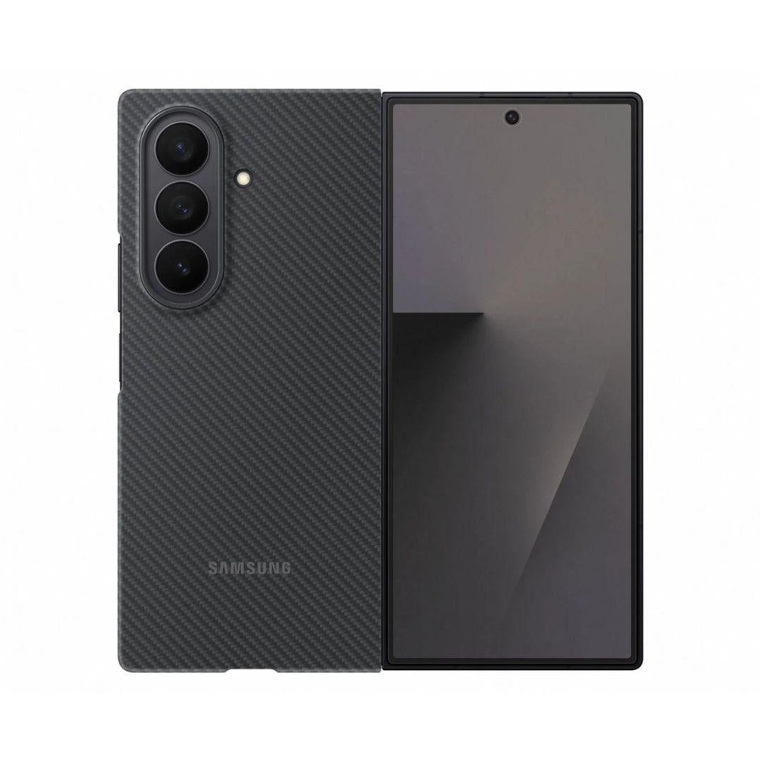 A half-open Samsung Galaxy Fold 7 with a Galaxy Fold 7 Carbon Shield Case is shown: the left displays the textured black carbon fiber case and triple rear cameras, while the right shows the unfolded front screen with an abstract graphic.