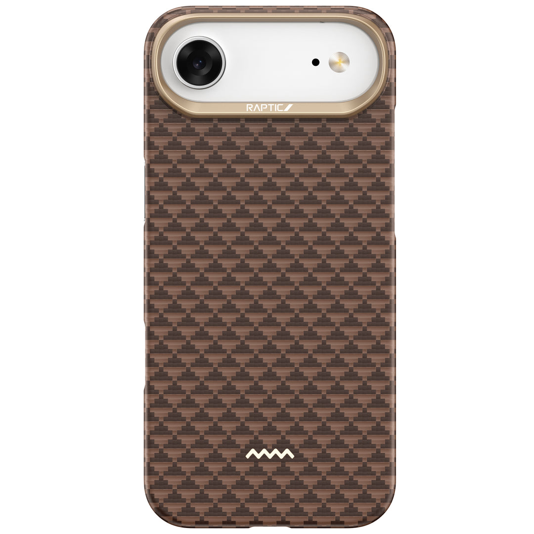 The Raptic iPhone 17 Aramid Fibre Case features a geometric brown and black checkered pattern, white camera area with gold trim labeled “RAPTIC,” MagSafe compatibility, ultra-slim protection, rounded edges, and precise camera cutouts.