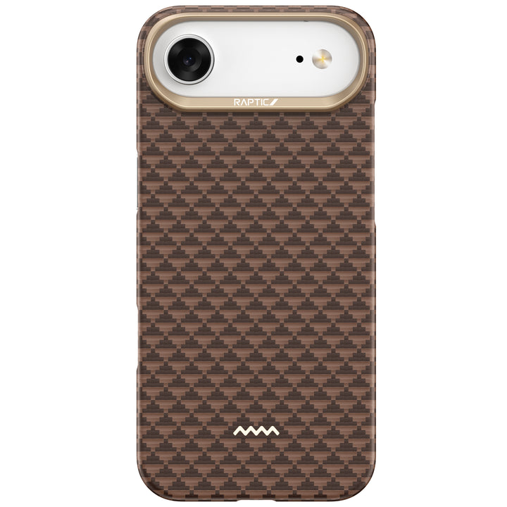 The Raptic iPhone 17 Aramid Fibre Case features a geometric brown and black checkered pattern, white camera area with gold trim labeled “RAPTIC,” MagSafe compatibility, ultra-slim protection, rounded edges, and precise camera cutouts.