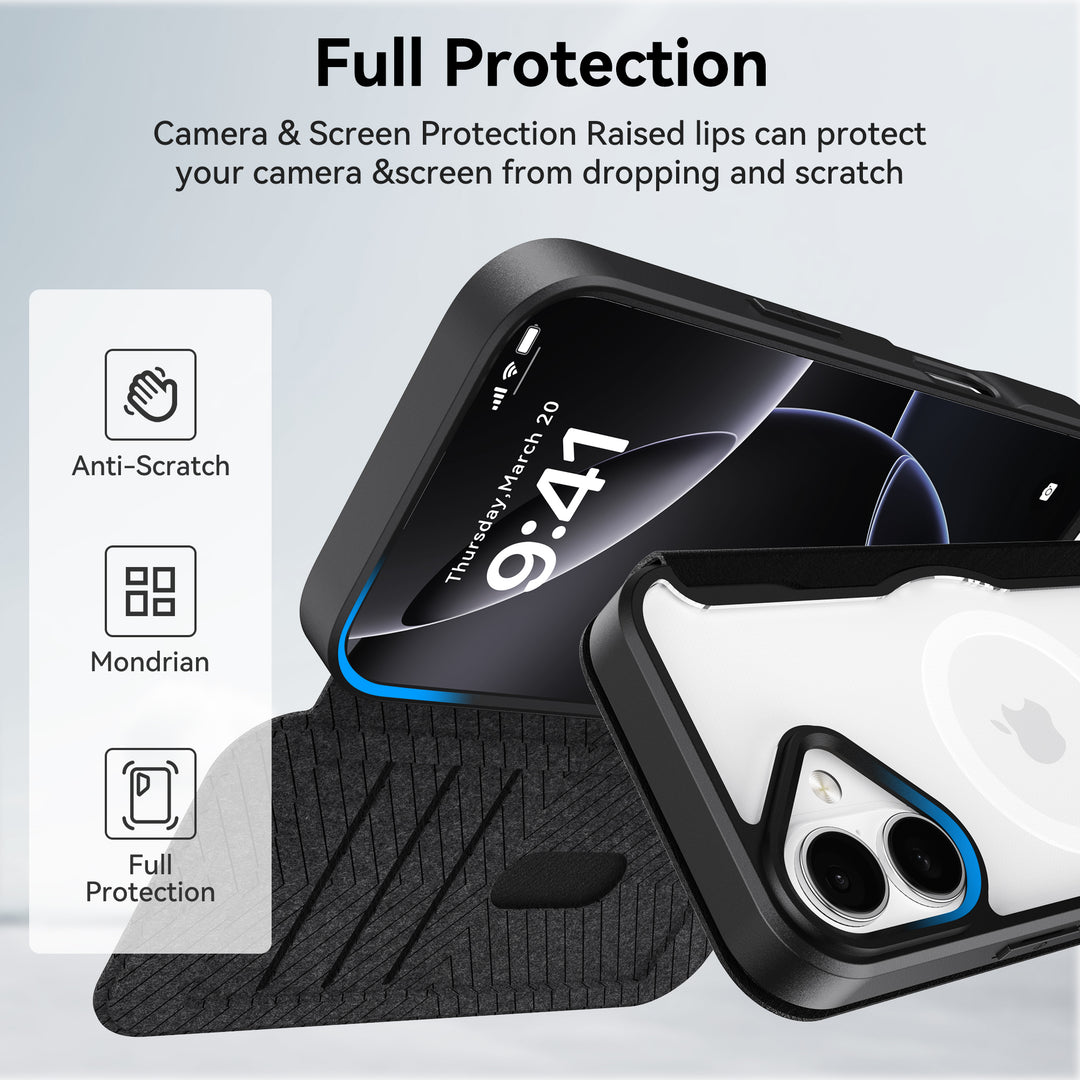 The Raptic Air Folio iPhone 17 Wallet Case is shown in rugged black and white, with raised edges for full protection, anti-scratch Mondrian design, and a magnetic buckle for extra security.