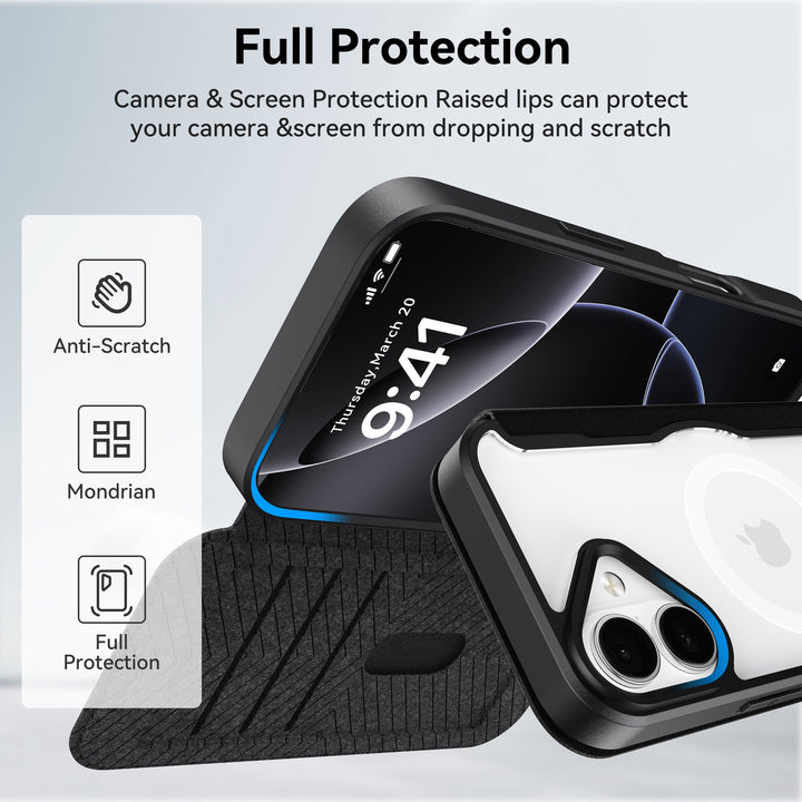 The Raptic Air Folio iPhone 17 Wallet Case is shown in rugged black and white, with raised edges for full protection, anti-scratch Mondrian design, and a magnetic buckle for extra security.