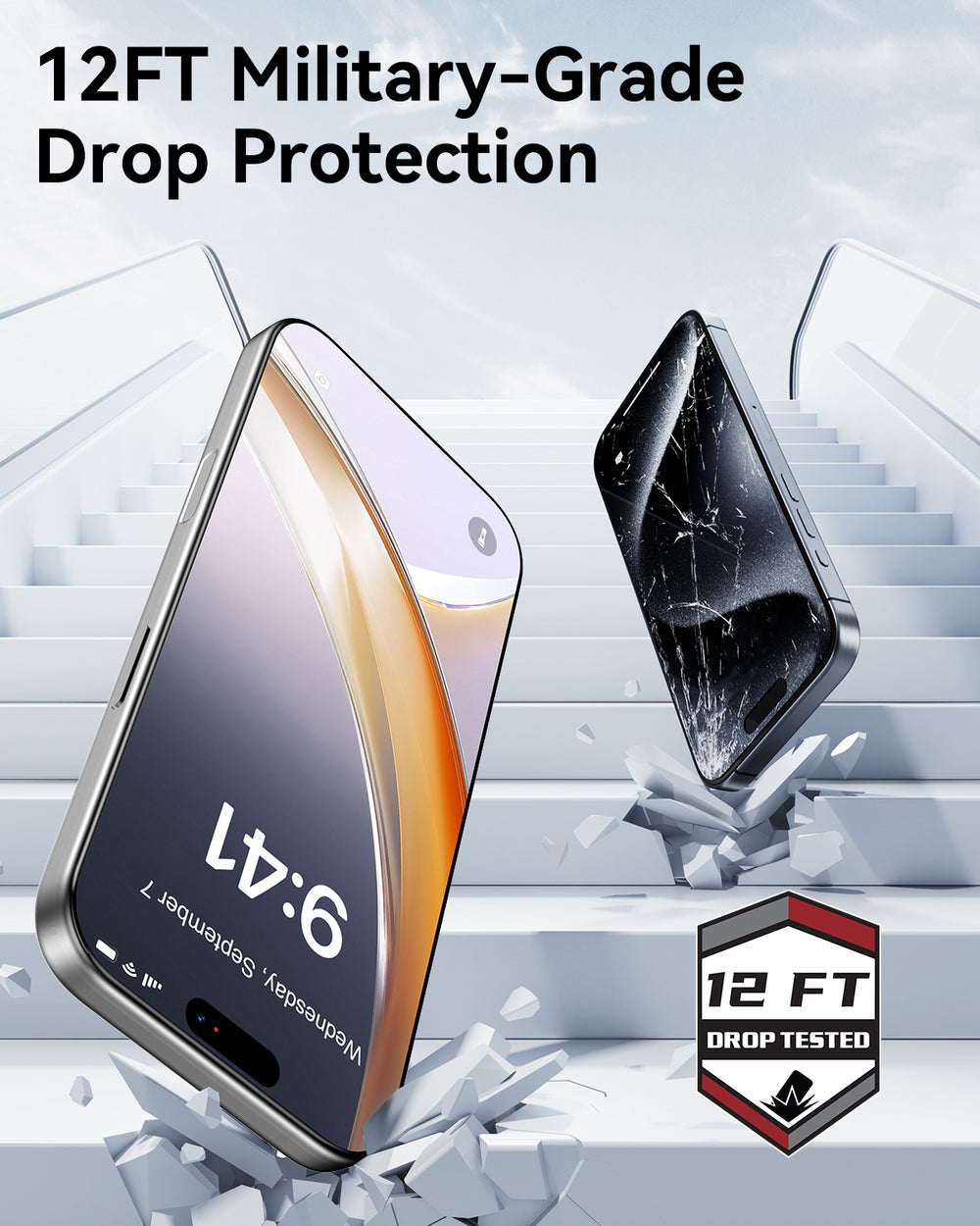 Two smartphones fall down stairs—one, with a perfect screen showing 9:41 and Sept 6, is unharmed thanks to the Raptic iPhone 17 Screen Protectors (2 pack), while the other shatters. Large text: "12FT Military-Grade Drop Protection.