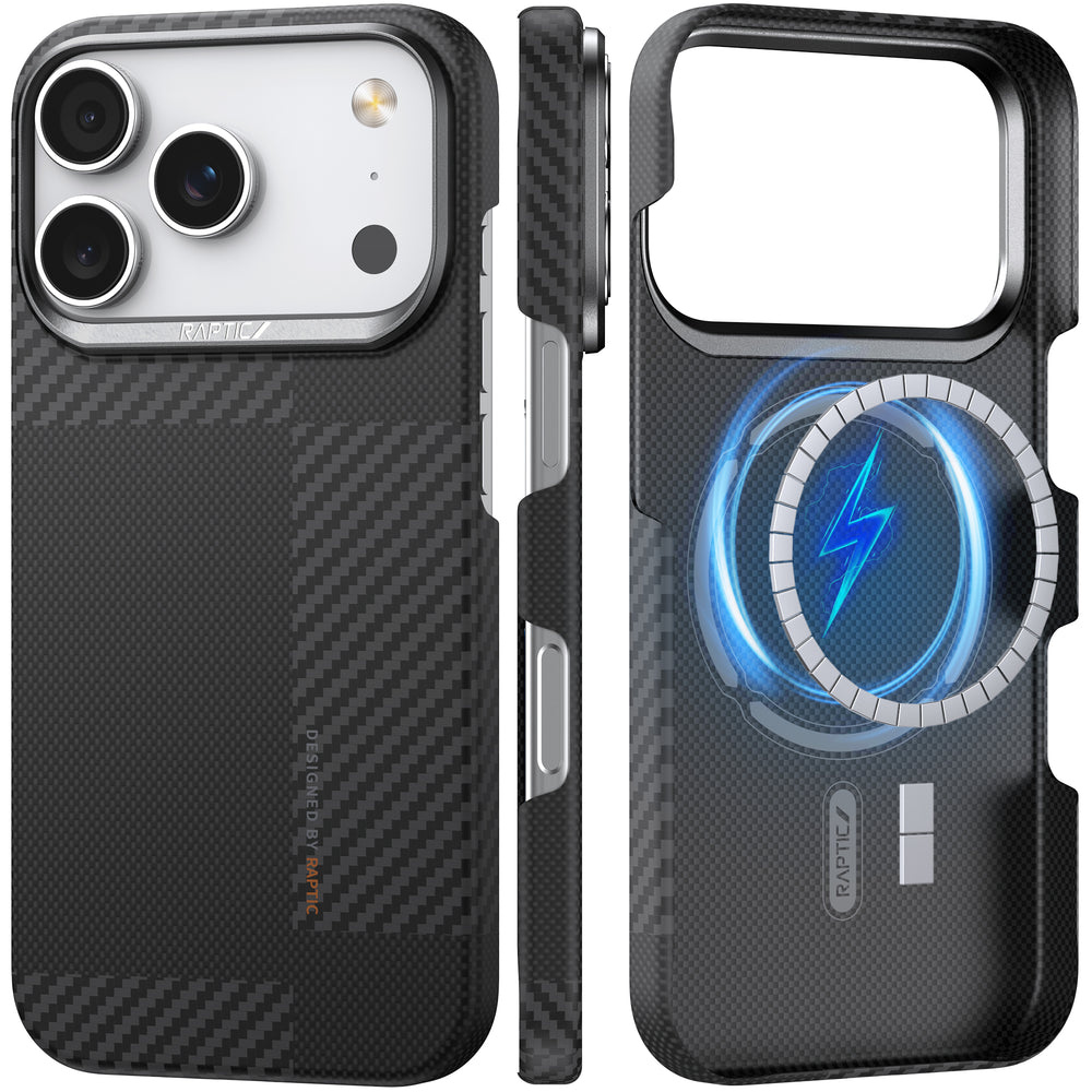 Two views of the Raptic Geotik iPhone 17 Aramid Fibre Case: left, on a phone with carbon fiber-like texture and camera cutout; right, inside view shows blue MagSafe symbol. A slim MagSafe-compatible case by Raptic.