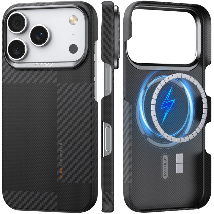 Two views of the Raptic Geotik iPhone 17 Aramid Fibre Case: left, on a phone with carbon fiber-like texture and camera cutout; right, inside view shows blue MagSafe symbol. A slim MagSafe-compatible case by Raptic.