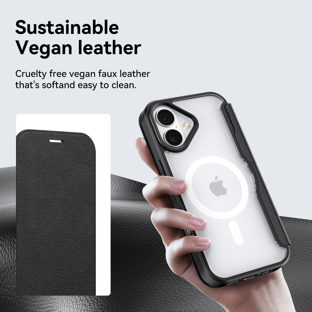 A hand holds the Raptic iPhone 17 Folio Wallet Case in black, a MagSafe-ready case made with sustainable, cruelty-free vegan leather. Text highlights its soft, easy-to-clean material. Inset shows texture on a gray leather-style background.