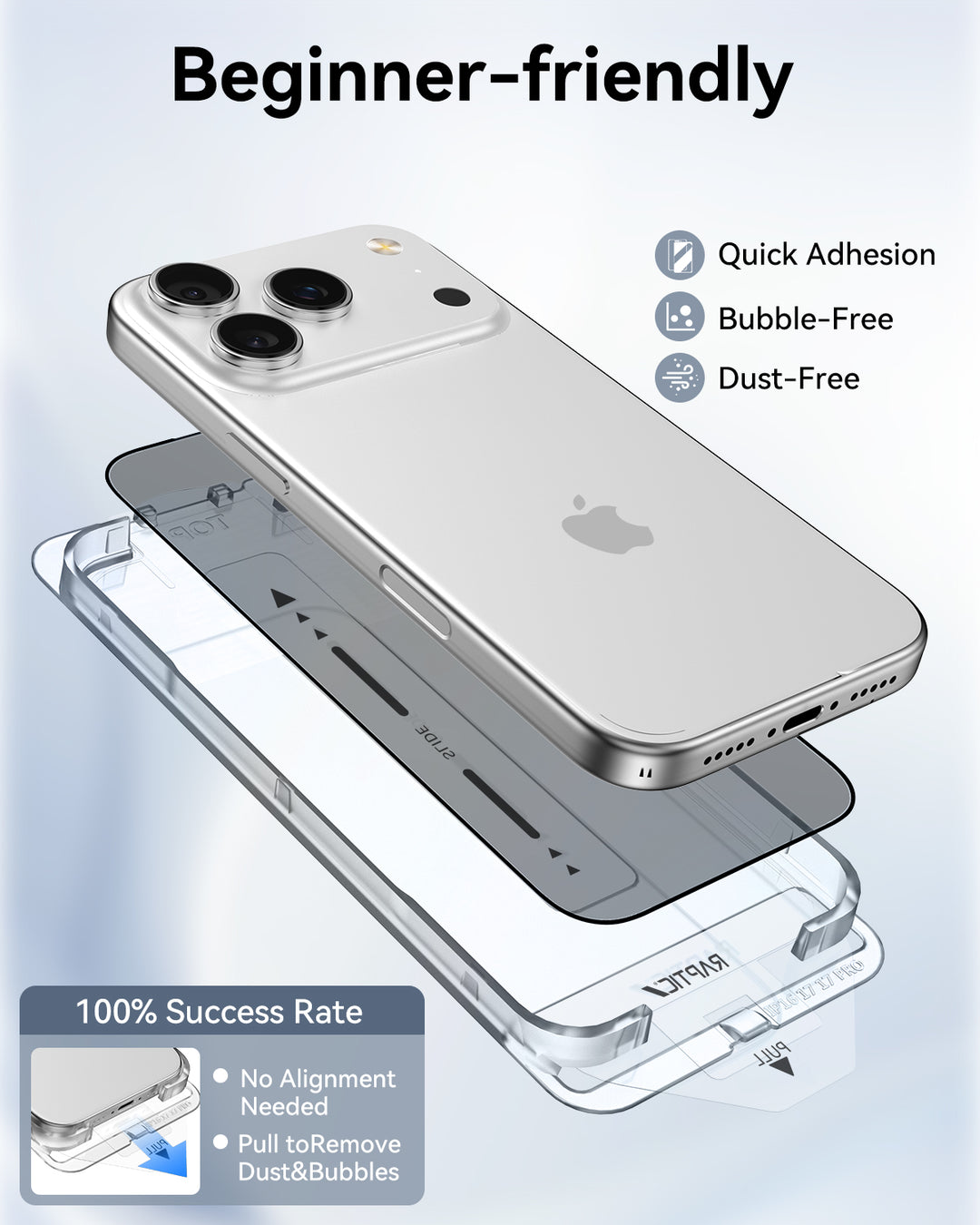A silver iPhone floats above a labeled tool and an iPhone 17 Privacy Glass Protector by Raptic. Get 100% success, quick adhesion, bubble- and dust-free installs, military-grade tempered glass, no alignment needed—perfect for beginners.