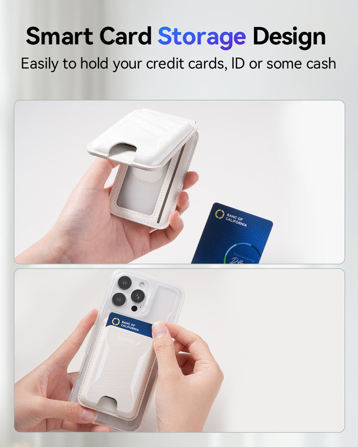 Two images show hands placing a blue credit card into the white Raptic Air Wallet (iPhone 17 Magnetic Wallet) attached to an iPhone. The slightly open holder reveals a smart slot for cards, ID, or cash. Text highlights its efficient storage design.