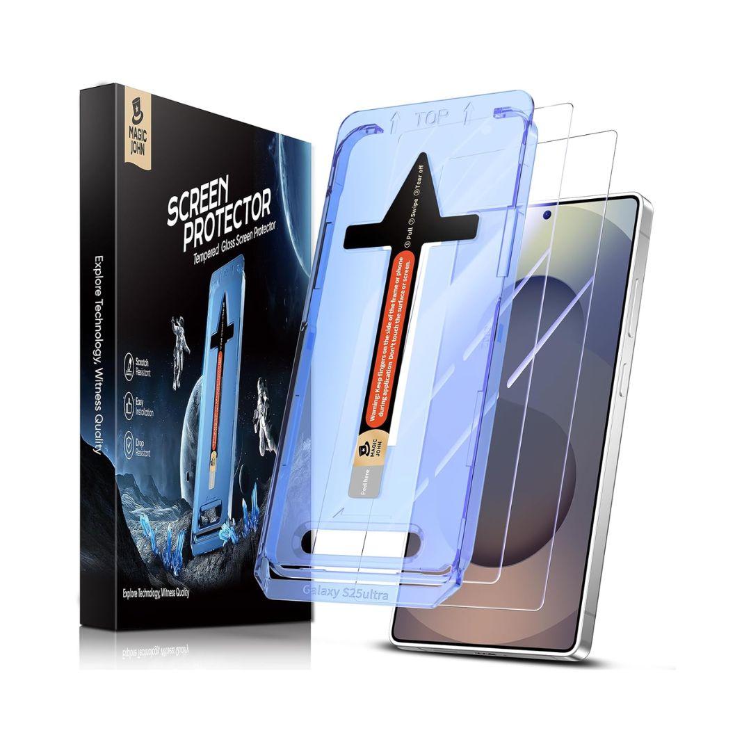 The image shows the MobileTechnica Samsung Galaxy S25 Ultra Screen Protector Tempered Glass 2-pack by Magic John, featuring the product box, installation tray with applicator tool, and two anti-fingerprint protectors next to a phone with a gradient screen.