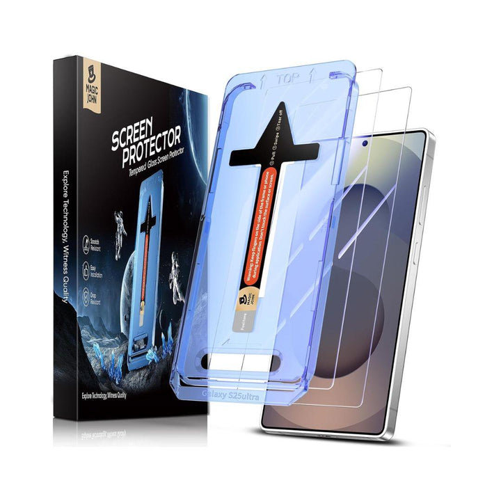 The image shows the MobileTechnica Samsung Galaxy S25 Ultra Screen Protector Tempered Glass 2-pack by Magic John, featuring the product box, installation tray with applicator tool, and two anti-fingerprint protectors next to a phone with a gradient screen.
