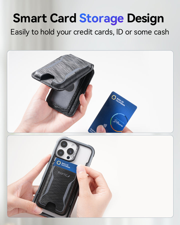 Top: Hands insert a blue credit card into a black Raptic Air Wallet. Bottom: An iPhone 17 with the Raptic Magnetic Wallet, partially holding the same card. Text highlights "Smart Card Storage Design.