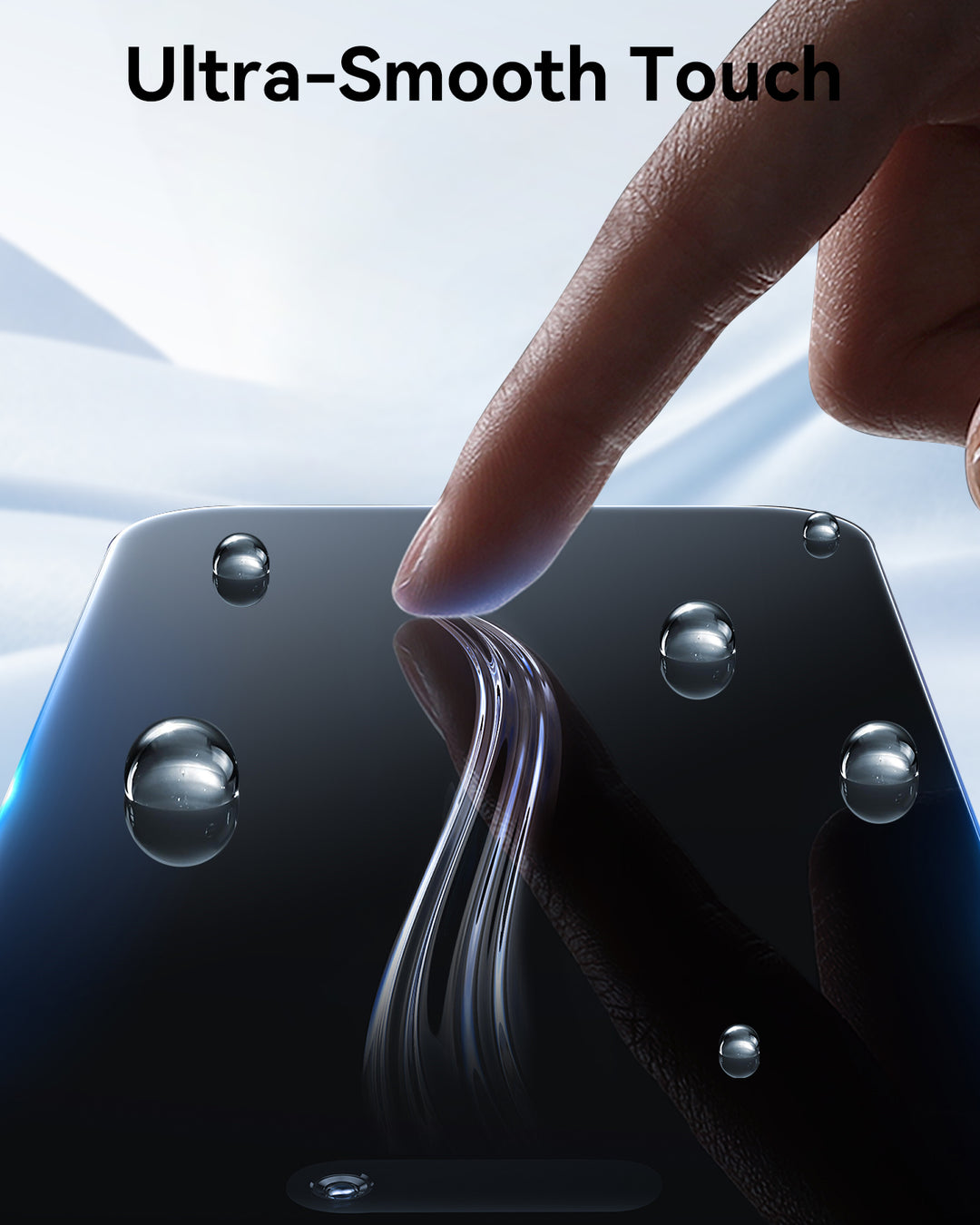 A finger gently touches a water-dappled iPhone 17 screen shielded by Raptic Air Glass, as glowing streaks follow. “Ultra-Smooth Touch” displays above, highlighting the Raptic iPhone 17 Screen Protectors 2 pack against a soft blue background.