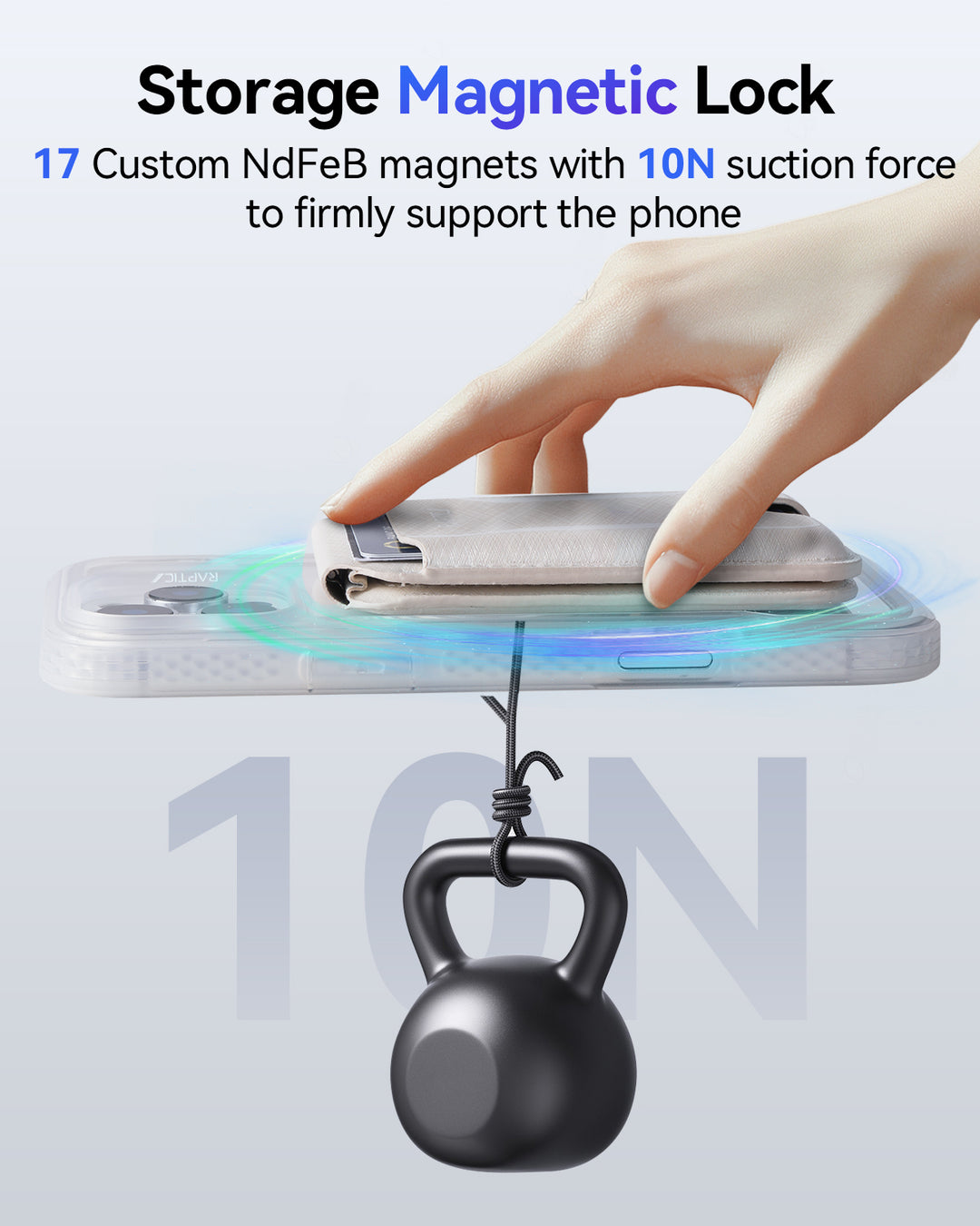 The Raptic Air Wallet for iPhone 17 uses 17 custom NdFeB magnets and a 10N magnetic lock to attach securely. An illustration shows its strength by holding a "10N" kettlebell via magnetic force, highlighting secure storage with powerful suction.