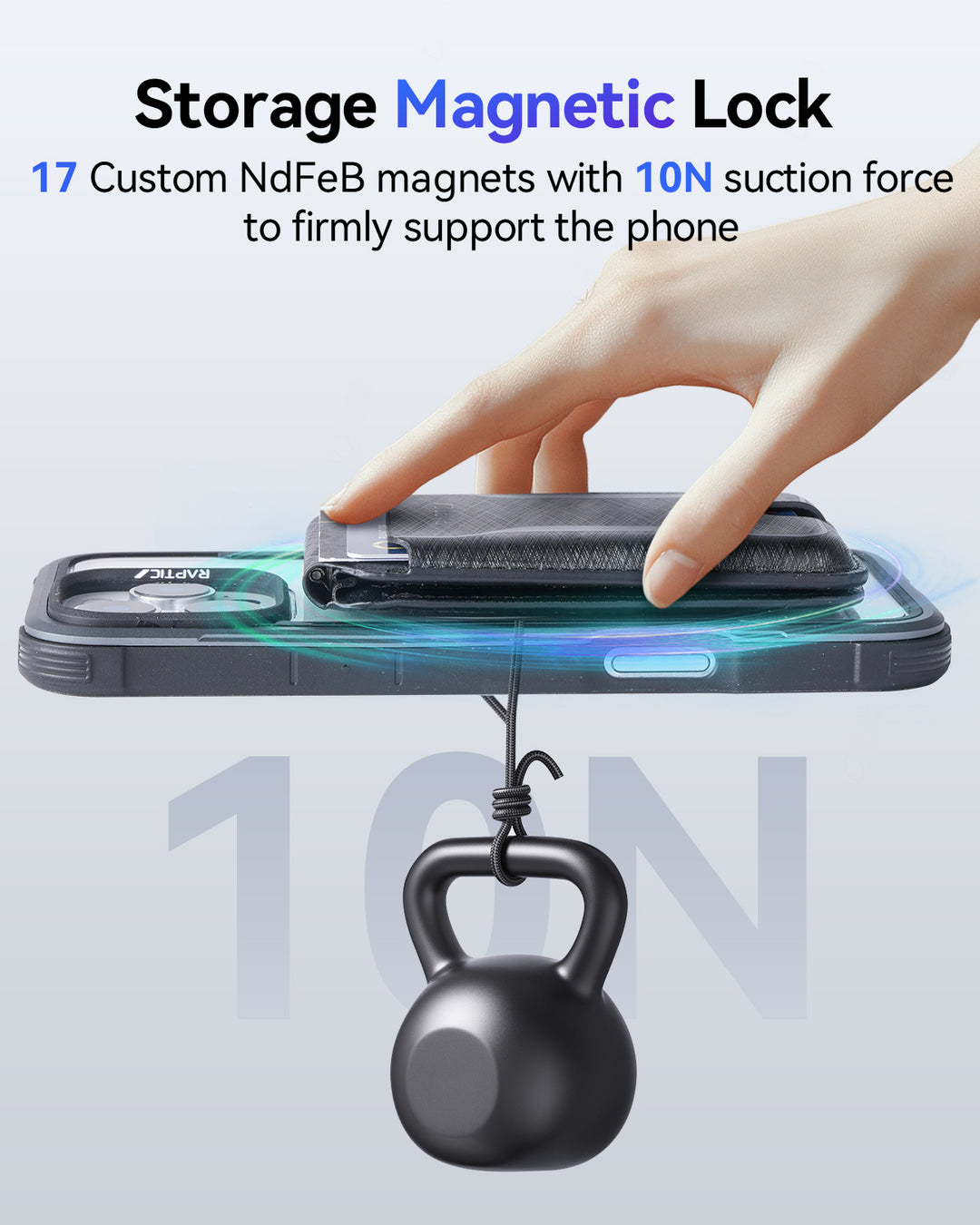 A hand lifts a Raptic Air Wallet (iPhone 17 Magnetic Wallet) magnetically attached to a phone case, highlighted by blue lines. A black kettlebell hanging from the wallet demonstrates its powerful 10N magnetic lock—an ideal iPhone accessory.