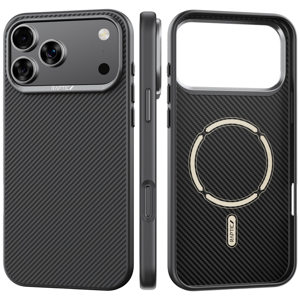 The Raptic Aramid 600D iPhone 17 case is shown from all angles, featuring black aramid fibre, carbon fiber texture, raised edges, a metallic ring, "Raptic" branding, and precise cutouts.