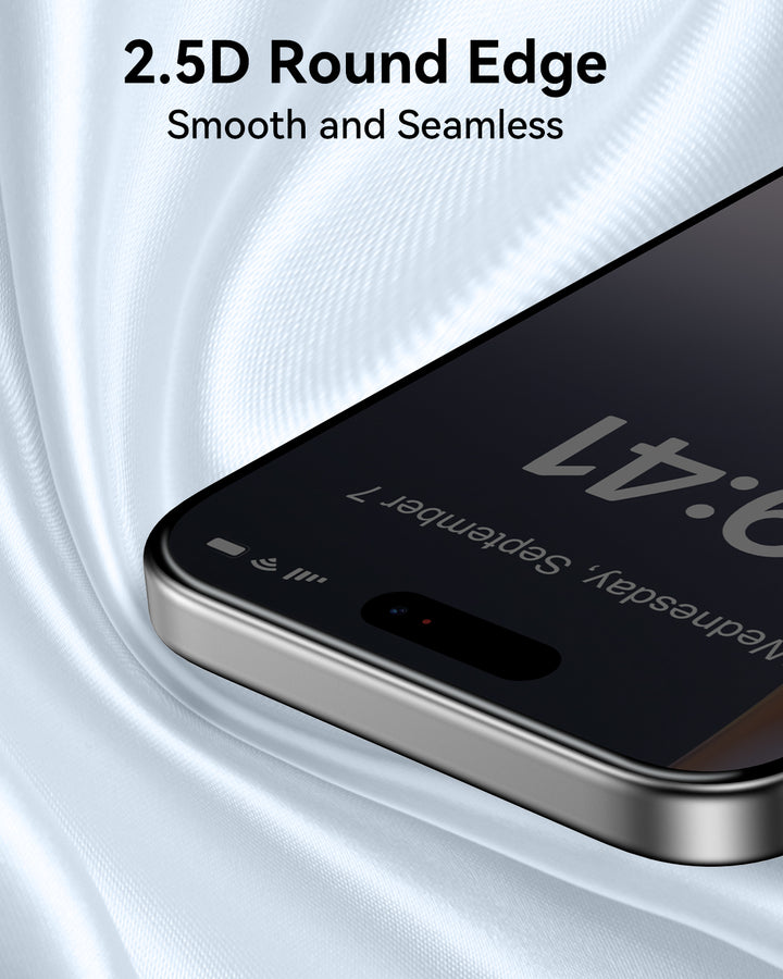 A close-up of a Raptic iPhone 17 Privacy Glass Protector with 2.5D rounded edges and military-grade protection lies on silky white fabric, screen showing "9:41" and "Wednesday, September 7." Text above: "2.5D Round Edge" and "Smooth and Seamless.