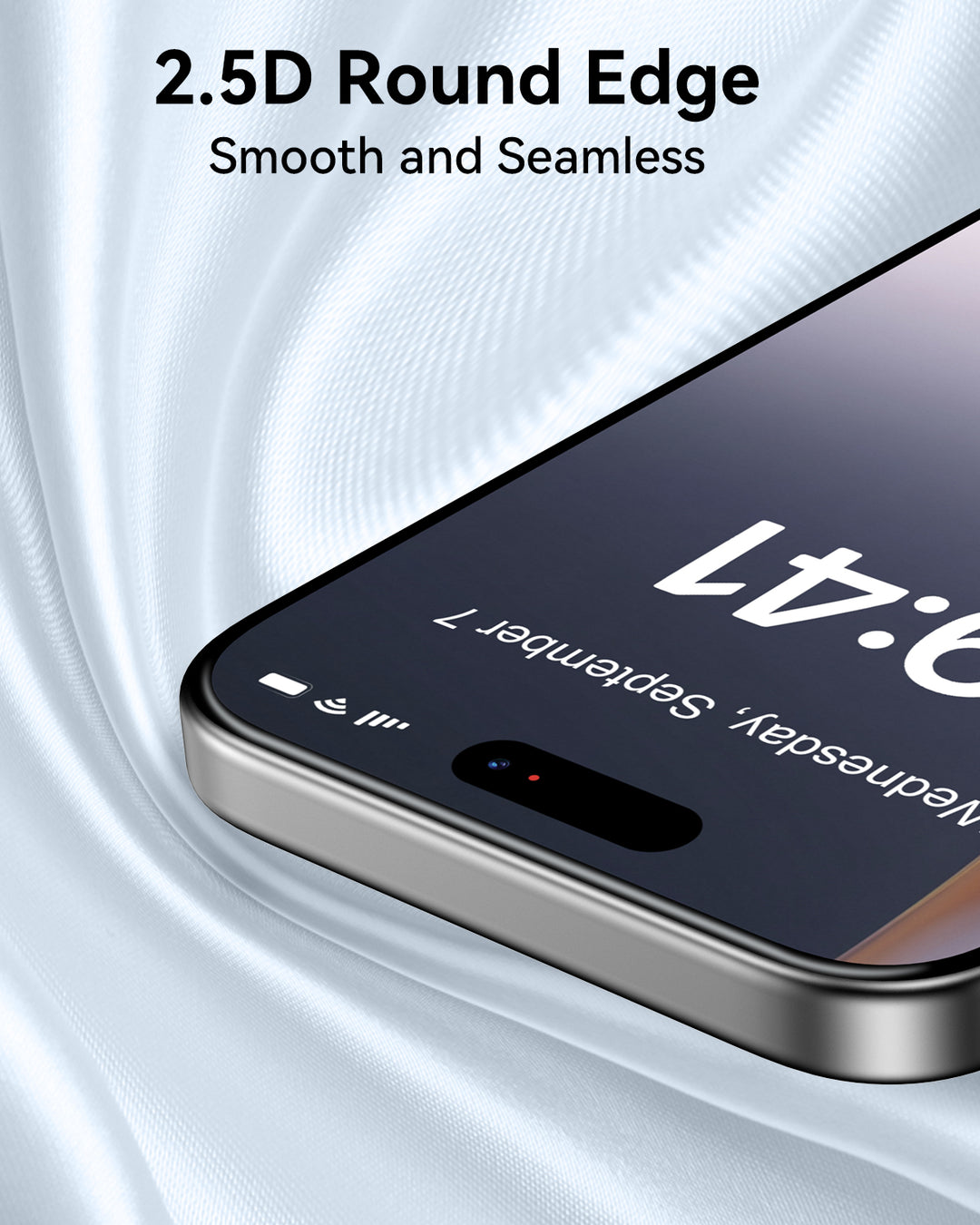 A close-up of Raptic iPhone 17 Screen Protectors (2 pack) with 2.5D rounded edges on a silky silver background. The lock screen is displayed, with the text “2.5D Round Edge - Smooth and Seamless.”.